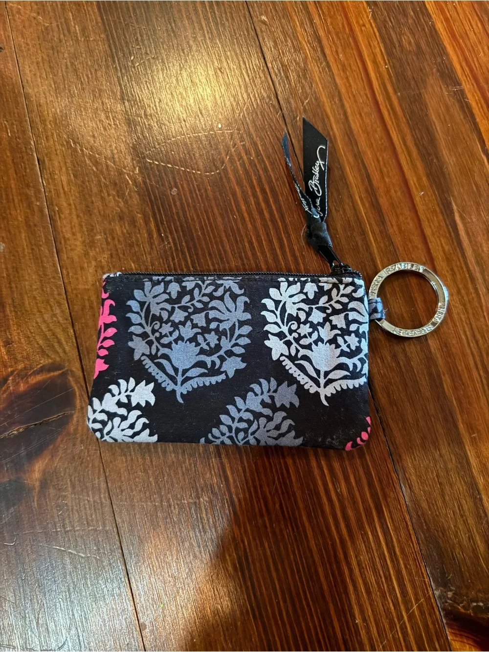 Vera Bradley Black, Gray & Pink Floral Zip ID Card Holder with Key Ring
